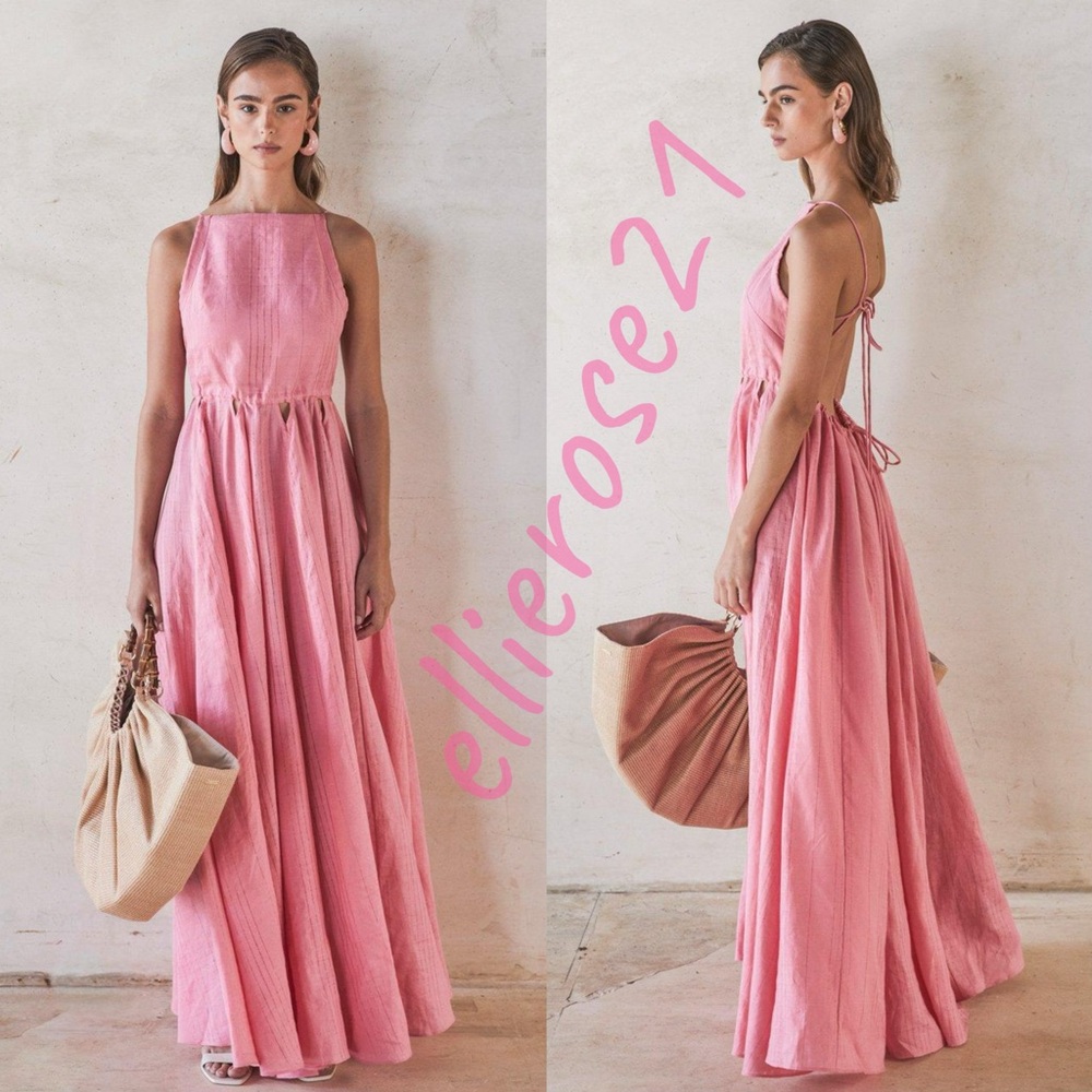 NWT Cult Gaia Bella Pink Linen Tie Up Cutout Open Back Maxi Dress S - Picture 5 of 14